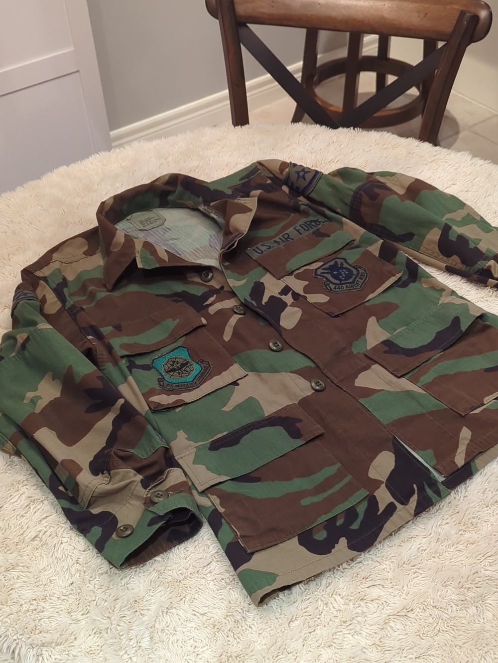 Authentic U.S. Air Force woodland camouflage BDU jacket with original unit patch